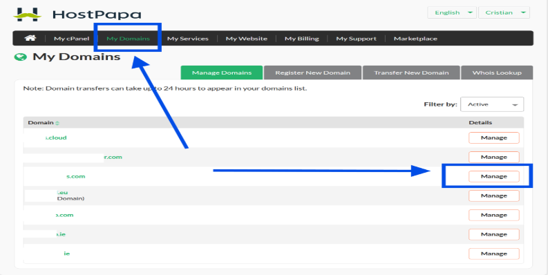 Login to HostPapa Dashboard and navigate to My Domains section.