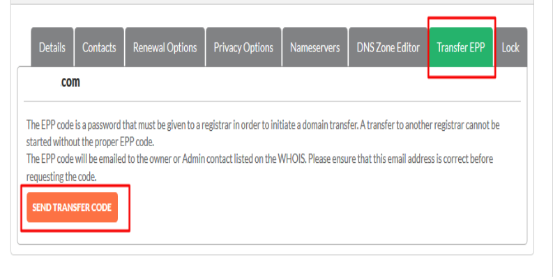 On the domain’s management page, click on Transfer EPP option, then click the Send Transfer Code button.