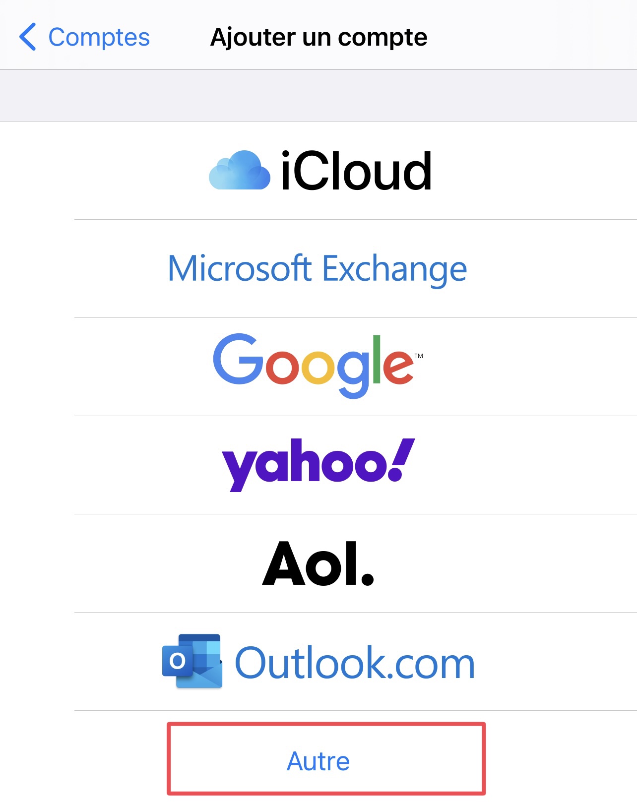 Sélectionnez Ajouter un compte Mail, puis Autre comme type de compte 4