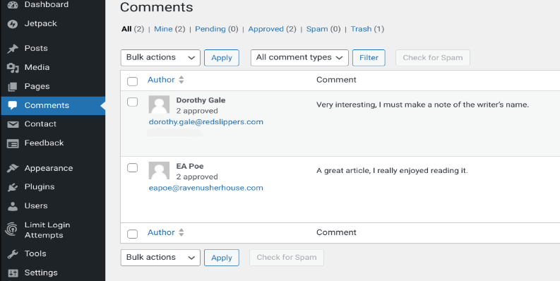 A screenshot of how to manage comments in WordPress.