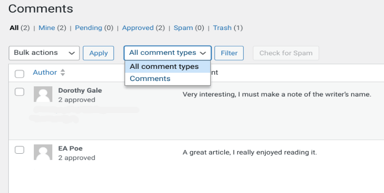 A screenshot of Comments in WordPress.