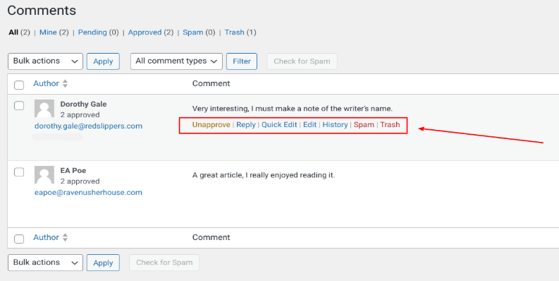 A screenshot of how to deal with comments in WordPress.