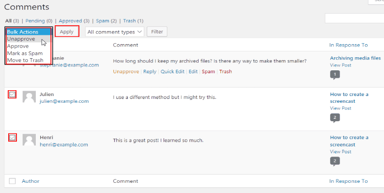 A screenshot of how to deal with comments using bulk actions.