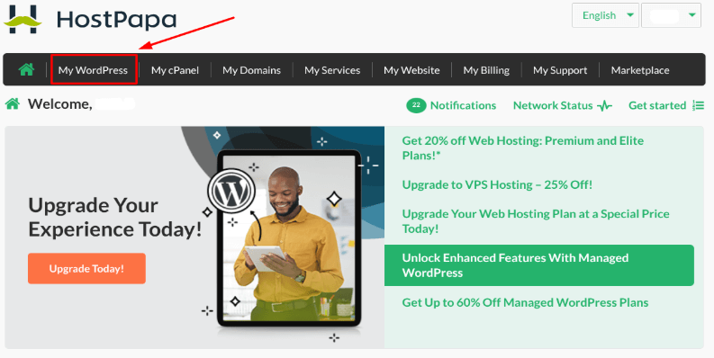 A screenshot of the HostPapa Dashboard.