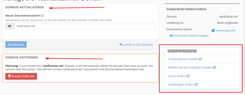 Sie können das Verzeichnis Ihrer Domain aktualisieren, Ihre Domain entfernen und Zusätzliche Ressourcen
