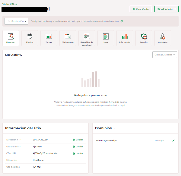 Este es tu panel de control de WordPress Hosting Gestionado