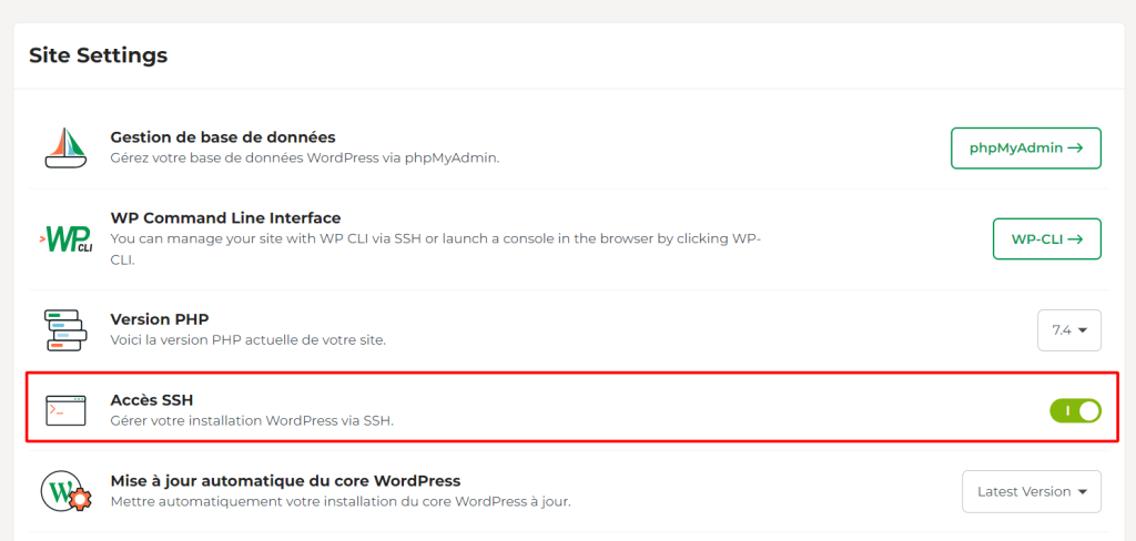 Activez l’accès SSH en cliquant sur le curseur.