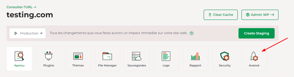 Votre Tableau de bord pour WordPress Géré s’ouvrira. Cliquez sur l’onglet Avancé.