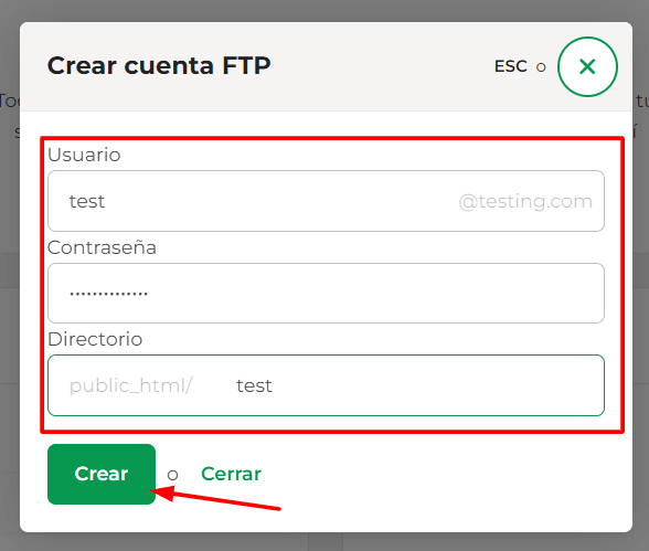 Completa el nombre de usuario, la contraseña y el directorio de tu nueva cuenta FTP.