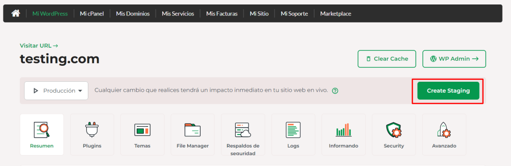 Haz clic en Create Staging para crear automáticamente una copia de prueba de tu sitio web.