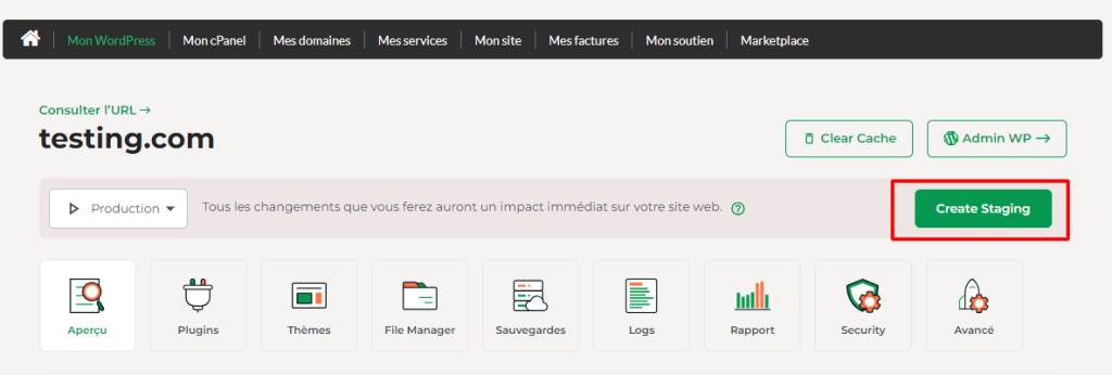 Cliquez sur Create Staging pour créer automatiquement un copie test de votre site web.