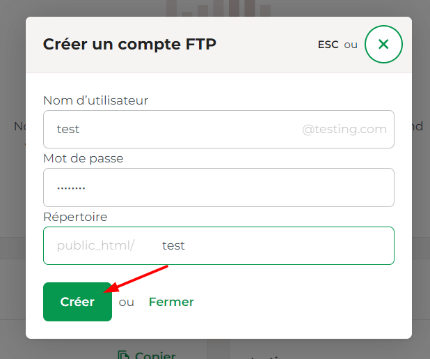 Remplissez le nom d'utilisateur, le mot de passe et le répertoire de votre nouveau compte FTP.