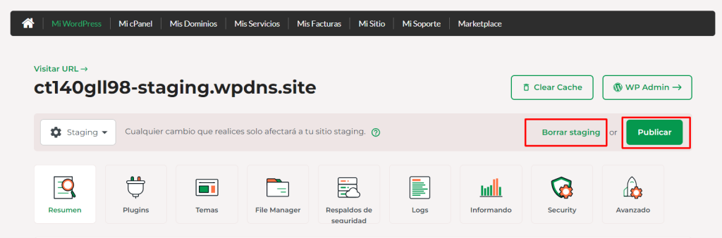 Tu Escritorio tardará unos minutos en crear un sitio de prueba de WordPress. Una vez que esté listo, podrás Publicar o Borrar.