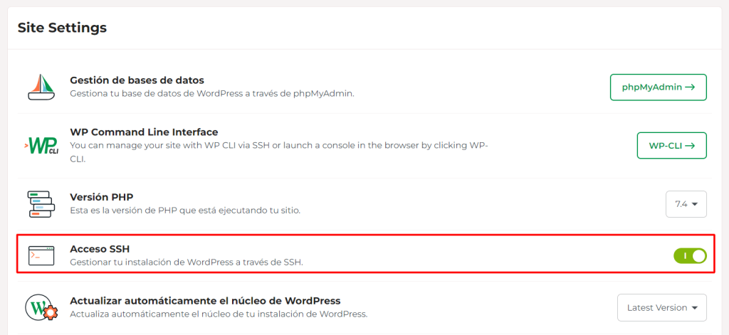 Habilita el accesso SSH de WordPress Hosting Gestionado