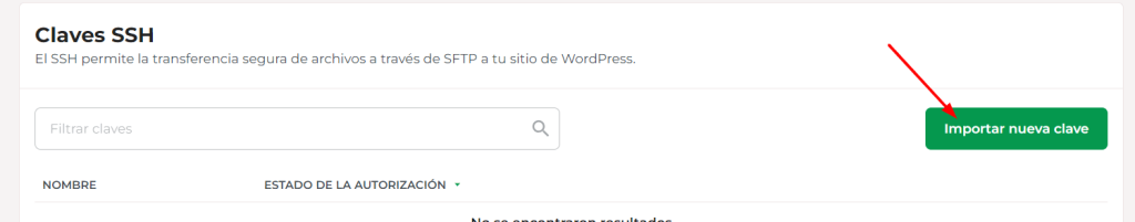 Importar la clave pública de SSH