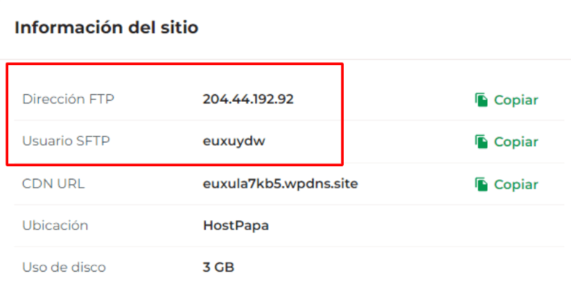 Información del sitio WordPress Gestionado SSH