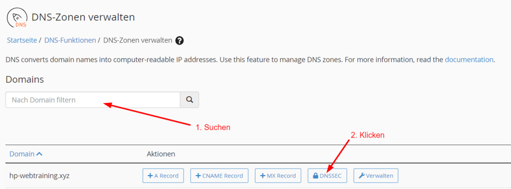 klicken Sie auf den Button “DNSSEC”