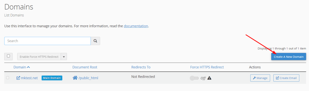 Click on Create A New Domain - My cPanel