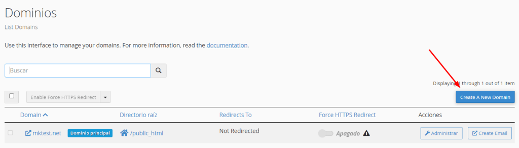 Da clic en Create A New Domain en cPanel