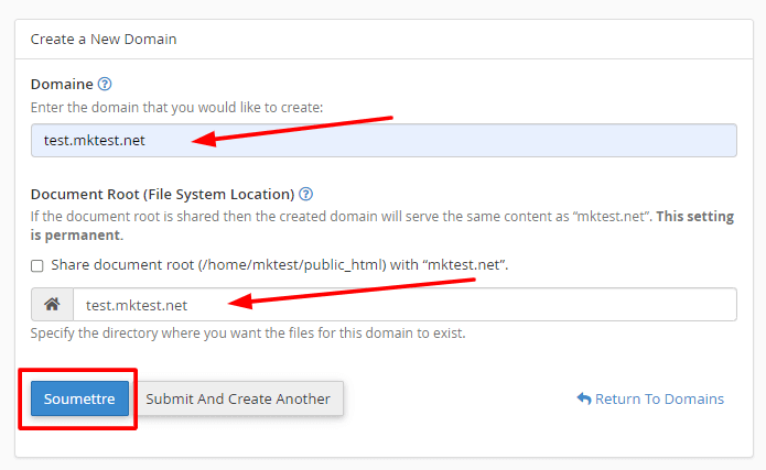 Le nom de sous-domaine est automatiquement entré dans le champ Document Root