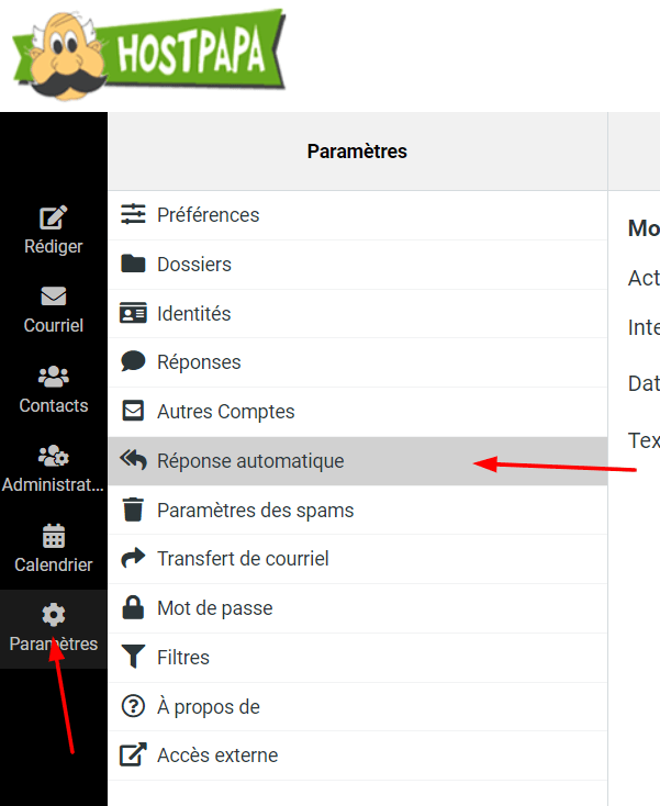 Comment activer et désactiver une alerte de vacances ou d’absence dans votre messagerie électronique HostPapa 2