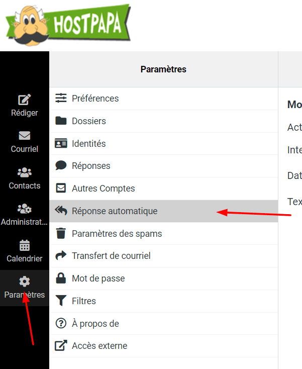 Comment activer et désactiver une alerte de vacances ou d’absence dans votre messagerie électronique HostPapa  2