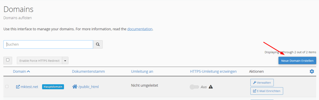 Klicken Sie auf Neue Domain Erstellen.