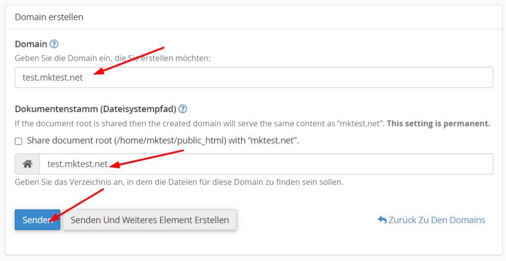 Die Namen der Subdomain und der eigentlichen Domain werden im Feld Document Root automatisch erstellt.