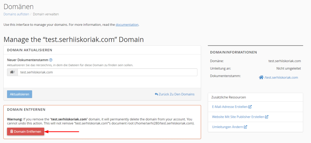 Klicken Sie auf Domain Entfernen.