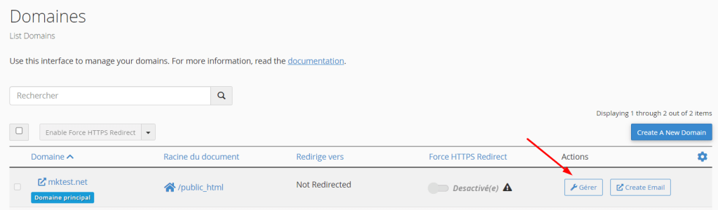 Accédez à Domaines et cliquez sur Gérer