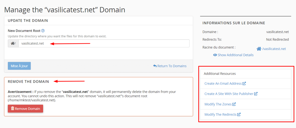 Domaines cPanel: Additional Resources à gérer.