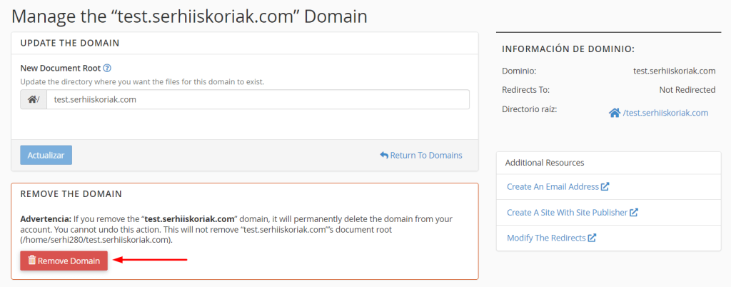 Haz clic en Remove Domain.