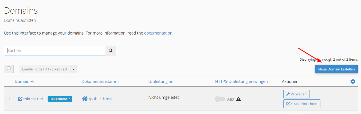 Klicken Sie auf Neue Domain Erstellen.