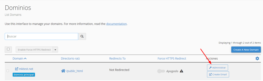 Ve a Dominios y haz clic en Administrar