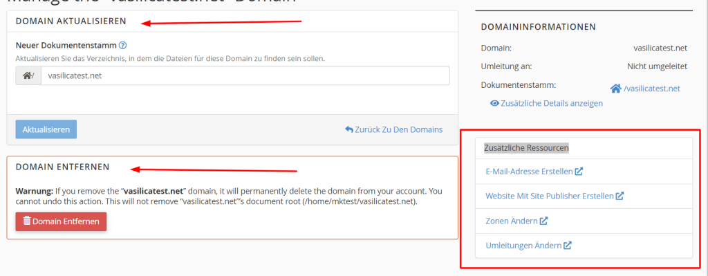 Sie können das Verzeichnis Ihrer Domain aktualisieren, Ihre Domain entfernen und Zusätzliche Ressourcen 