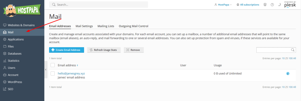 Select mail in your Plesk dashboard to change your windows email password