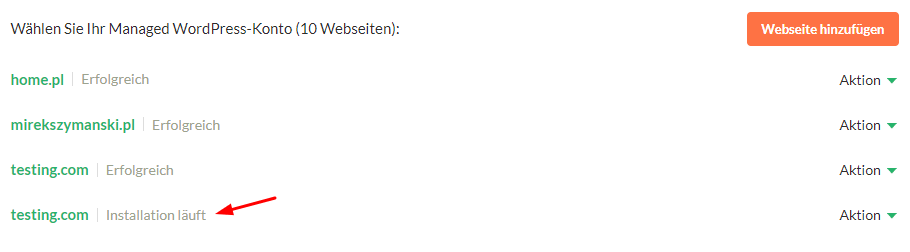 Zum Schluss werden Sie zu Ihrem HostPapa-Dashboard weitergeleitet. Ihre neue Website erscheint mit der Bemerkung “Installation läuft”