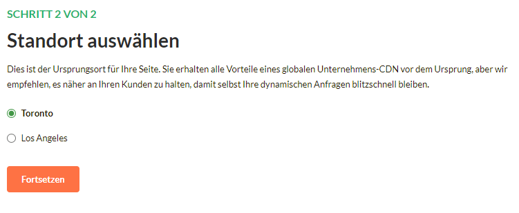 Wählen Sie den Ort Ihrer Website und klicken Sie auf Fortsetzen