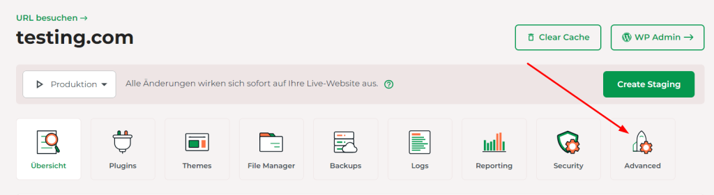 Dein Managed WordPress-Dashboard wird geöffnet. Klicke auf den Tab Advanced.