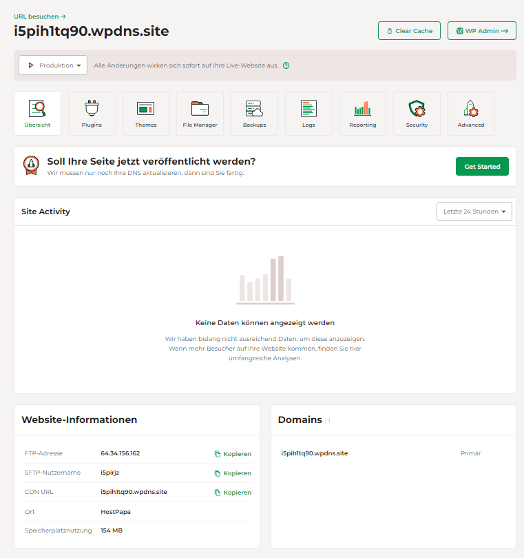 Das Managed WordPress-Controlpanel von HostPapa wird geöffnet. 