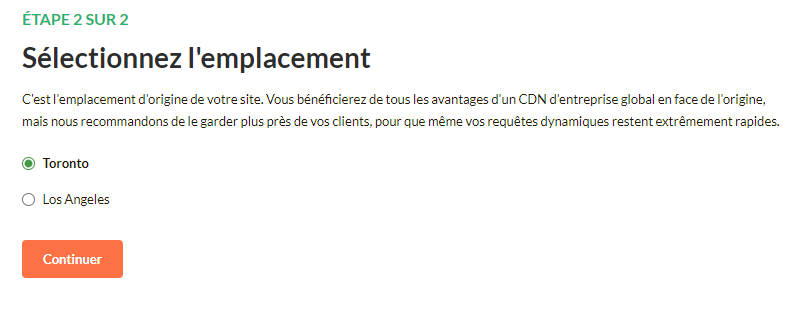 Sélectionnez l'emplacement de votre site Web et cliquez sur Continuer