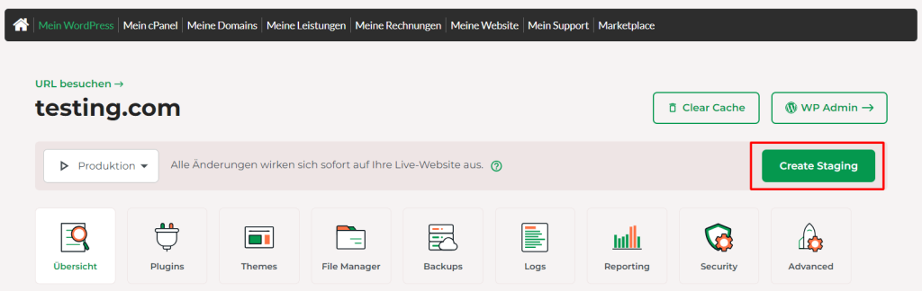 Klick auf Create Staging, um automatisch eine Staging-Kopie Deiner Website zu erstellen.