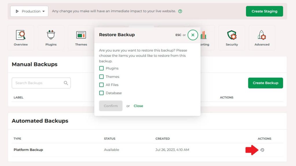 To restore your WordPress website, choose the items to restore