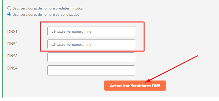 Haz clic en el botón Actualizar Servidores DNS.