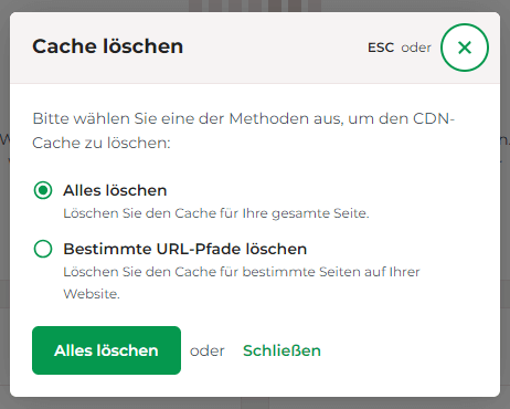 Klicke auf Alles löschen, um den Cache für die gesamte Seite zu löschen.