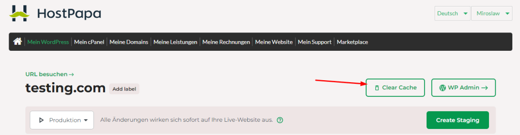 Dein Managed WordPress-Dashboard wird geöffnet. Klicke dann auf Clear Cache.