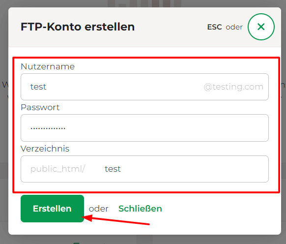 Trage den Nutzernamen, das Passwort und das Verzeichnis für Dein neues FTP-Konto ein.