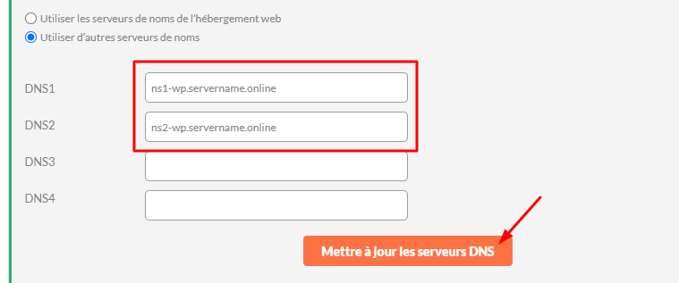 Saisissez les noms du serveur suivants