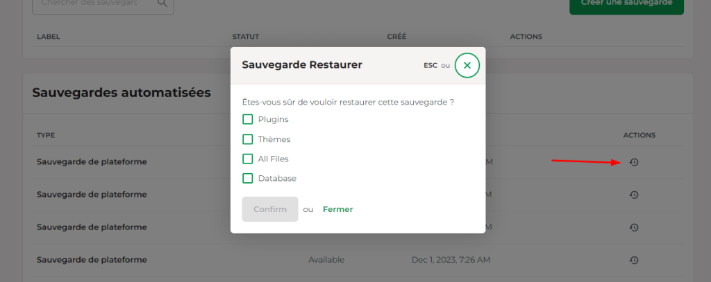 Cliquez sur le bouton Actions pour ouvrir les options de restauration