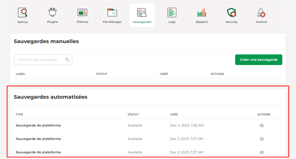 Faites défiler jusqu'à Sauvegardes automatisées